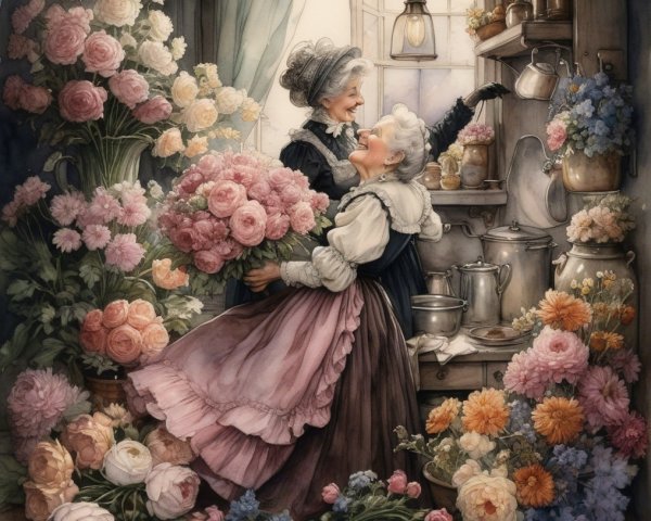 Joyful Celebration in a Cozy Flower Shop Setting