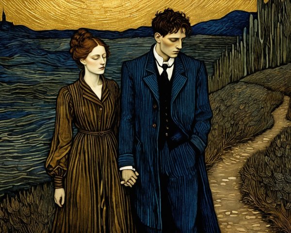 Melancholic couple walking in a vibrant landscape