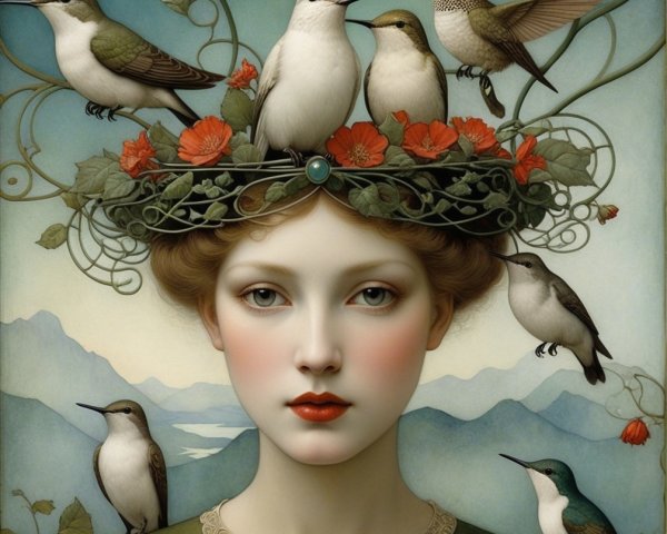 Serene Woman with Floral Crown and Birds in Nature
