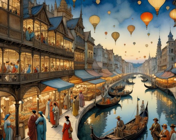 Evening Scene at a Canal with Gondolas and Balloons