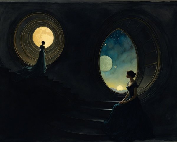 Elegant Figures in a Dimly Lit Introspective Scene