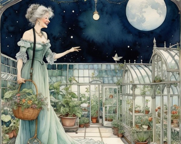 Woman in Mint-Green Gown in Lush Greenhouse Scene