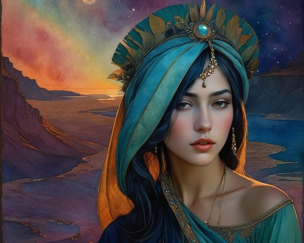 Young woman in teal and gold attire in fantasy landscape