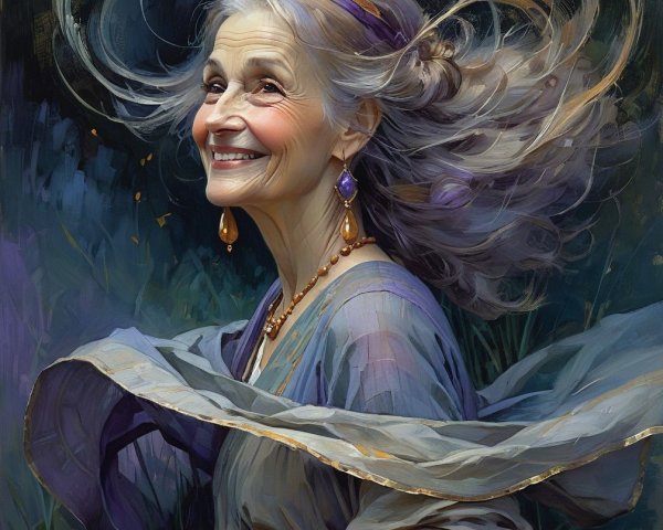 Joyful Elderly Woman in Elegant Gown and Jewelry