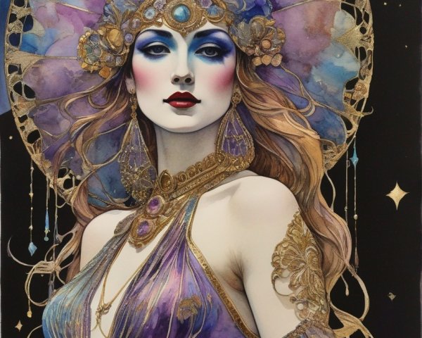 Illustration of woman with blue makeup and ornate headpiece on starry background