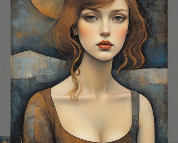 Stylized portrait of young woman with large eyes in night sky setting