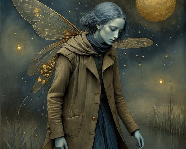 Serene Figure by Tranquil Waterway with Butterfly Wings