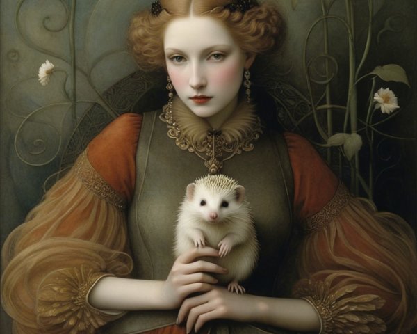Young Woman in Vintage Gown with Hedgehog in Whimsical Setting