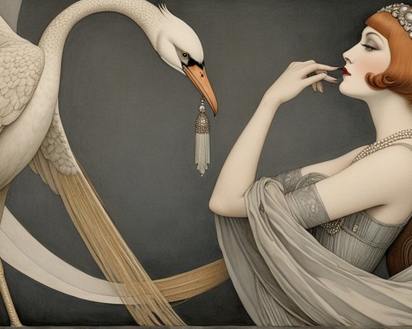 Woman in Elegant Attire Beside a White Swan