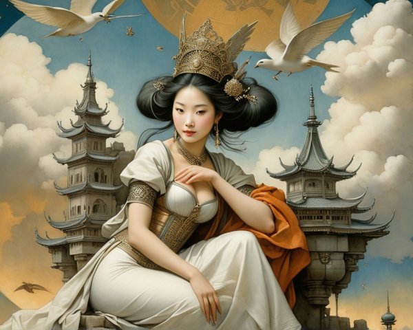 Serene Woman in Traditional Attire Amidst Pagodas