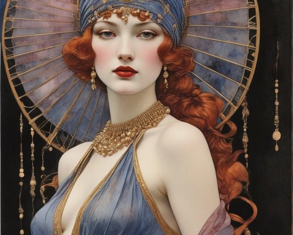Illustration of a Woman with Red Hair and Blue Headpiece