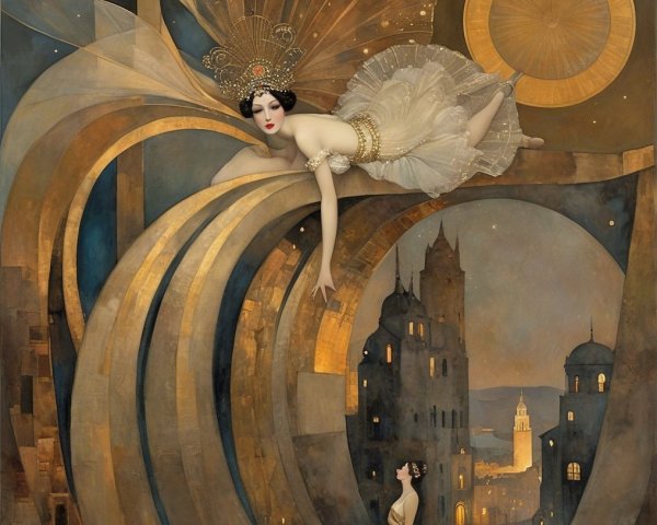Surreal Scene of Ethereal Figure over Mystical Cityscape