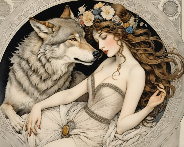 Serene Scene of Woman and Wolf in Nature's Harmony