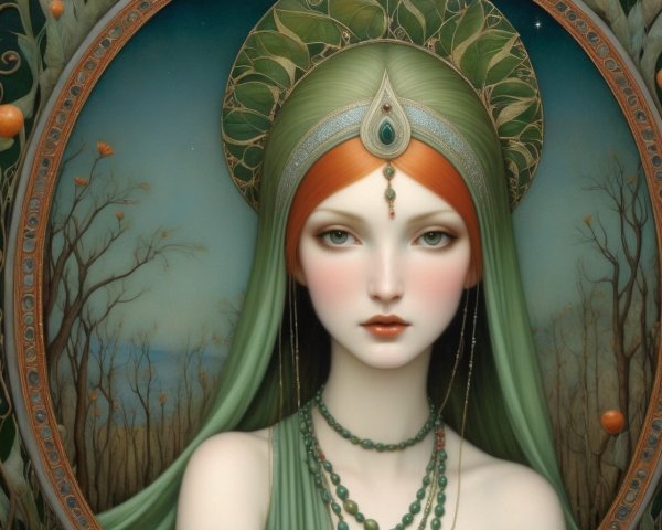 Mystical Woman with Red Hair in Nature-Inspired Frame