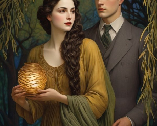 Mystical Forest Scene with Woman and Man in Elegance