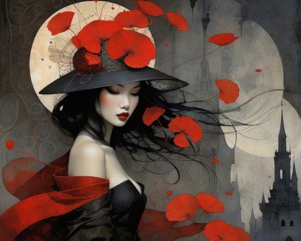 Young Woman in Elegant Dress with Gothic Backdrop