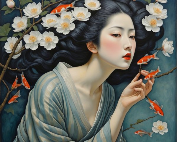 Serene Woman with Goldfish in Striped Kimono