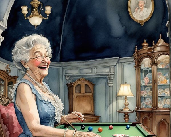 Elderly Woman at Vintage Pool Table with Colorful Balls