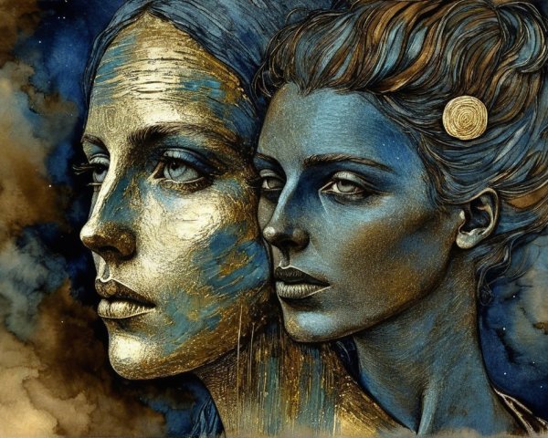 Intertwined Female Portraits in Gold and Blue Hues