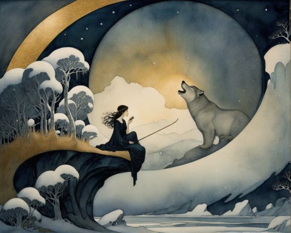 Moonlit Landscape with Woman and Howling Wolf