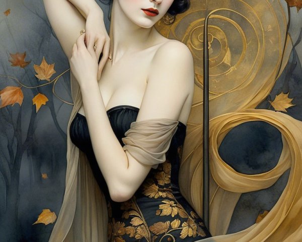 Elegant Woman in Black Gown with Ethereal Background