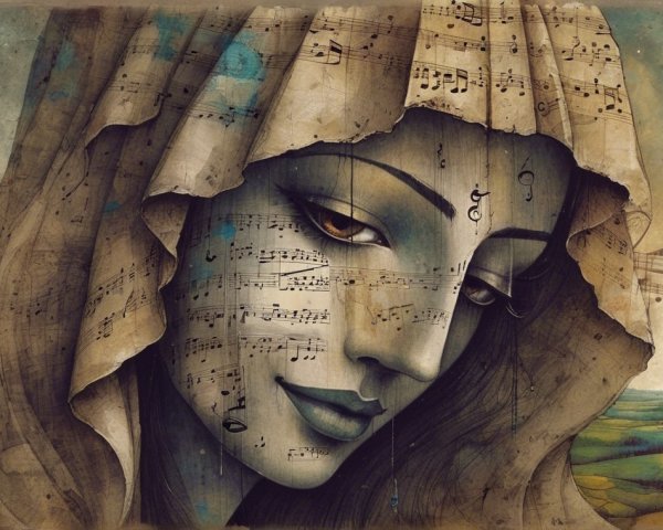 Serene Woman with Musical Notes and Abstract Background