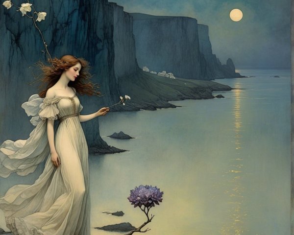 Woman in White Dress on Rocky Moonlit Shore