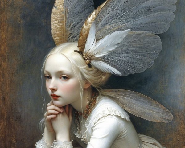 Young girl with wings in a white lace dress