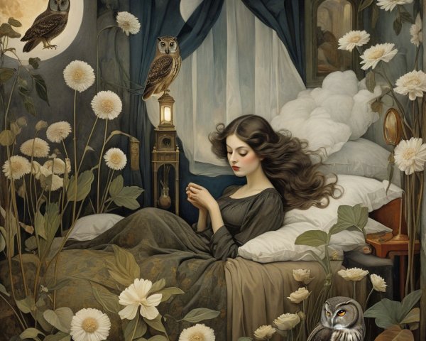 Moonlit Room with Young Woman and Wise Owls
