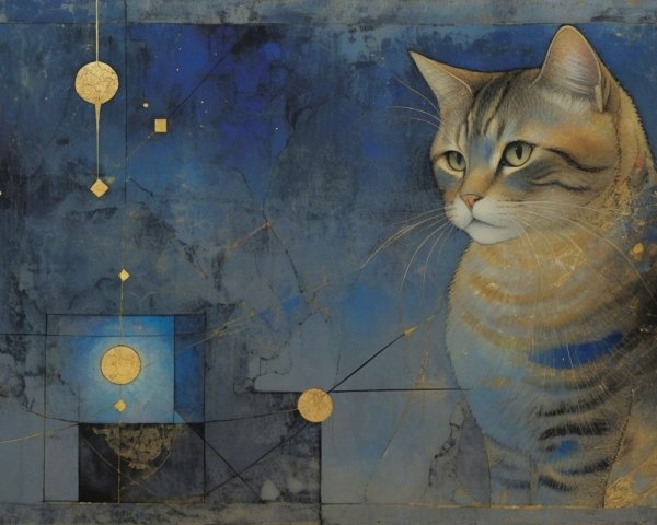 Stylized Cat with Green Eyes on Blue Background