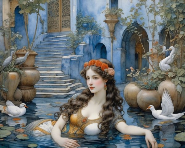 Serene Young Woman in Floral Crown by Tranquil Pool