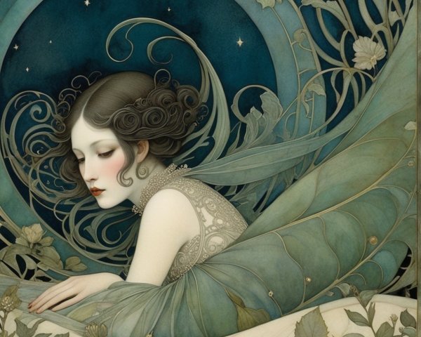 Ethereal Woman with Nature-Inspired Outfit and Motifs