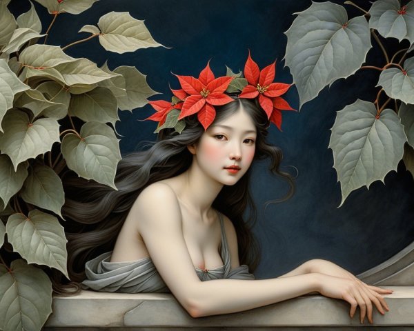 Young woman in stone alcove with poinsettias and leaves