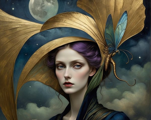 Portrait of a Woman with Ethereal Features and Moonlit Sky