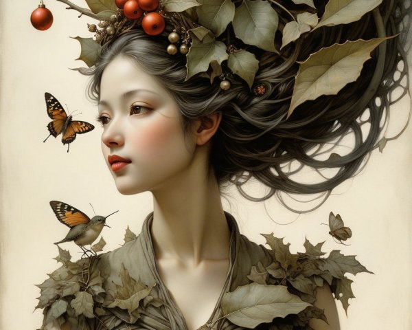 Serene Female Figure with Nature Elements and Butterflies