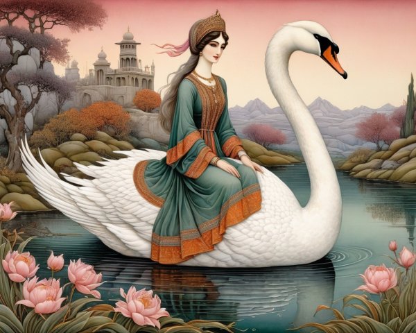 Woman in Traditional Attire on Swan in Serene Lake