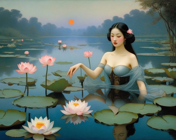 Tranquil pond painting: Ethereal woman among water lilies at sunset