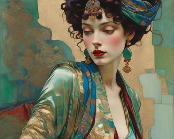 Intricately adorned woman in luxurious attire and jewelry