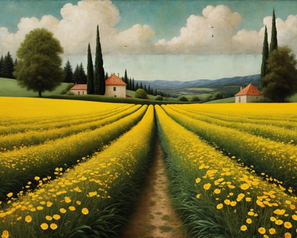 Vibrant Landscape with Yellow Flowers and Red Roofs