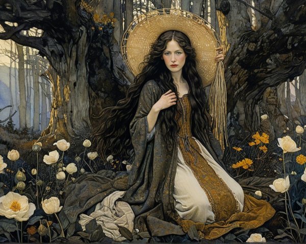 Mystical Figure in Serene Forest with Ethereal Light