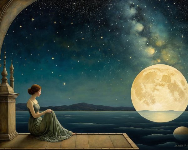 Serene Ocean View with Moonlit Night Sky