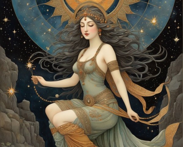 Celestial Figure in Flowing Garments Amidst Stars