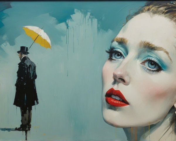 Close-Up Painting of Woman with Bold Makeup and Umbrella
