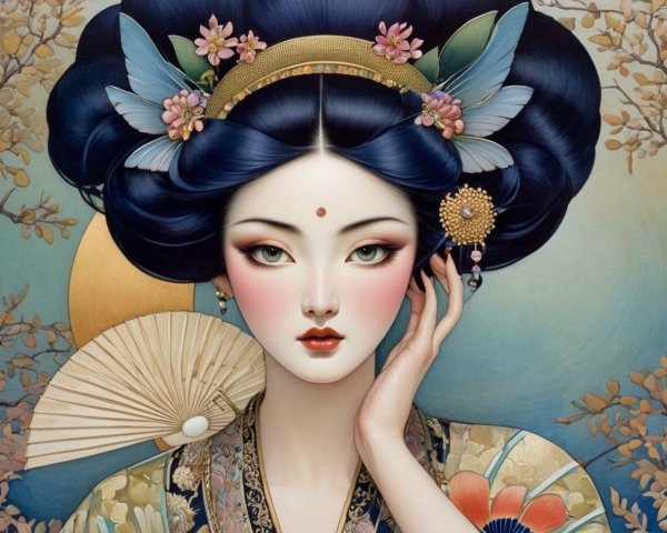 Illustration of a woman in traditional attire with fan