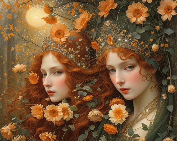 Ethereal Figures with Flower Crowns in Autumn Setting