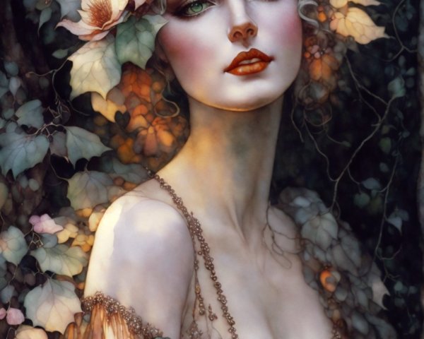 Portrait of woman with pale skin, adorned with autumn leaves, flowers, and vines blending with foliage background