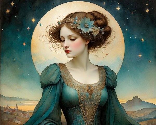 Ethereal woman with floral hairpiece in celestial setting
