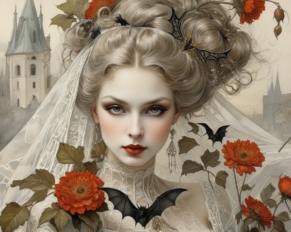 Portrait of a woman in a gothic landscape with flowers
