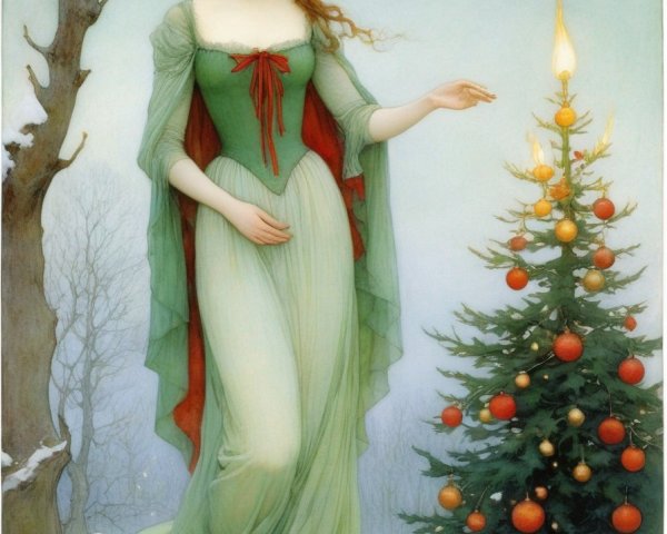 Woman in Green Robes by Christmas Tree in Snowy Landscape