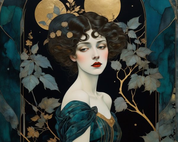 Art Nouveau Portrait of Woman in Teal Dress